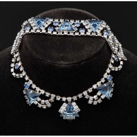 Vintage 1960s Blue Rhinestones Necklace & Bracelet Set With Triangular & Round S - Picture 1 of 5